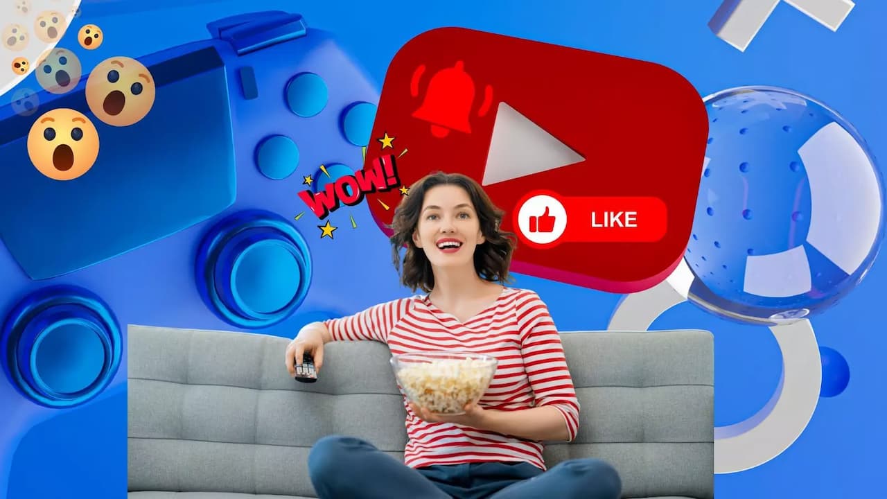 Chica asombrada sofa viendo YouTube tv Chica asombrada sofa viendo YouTube tv