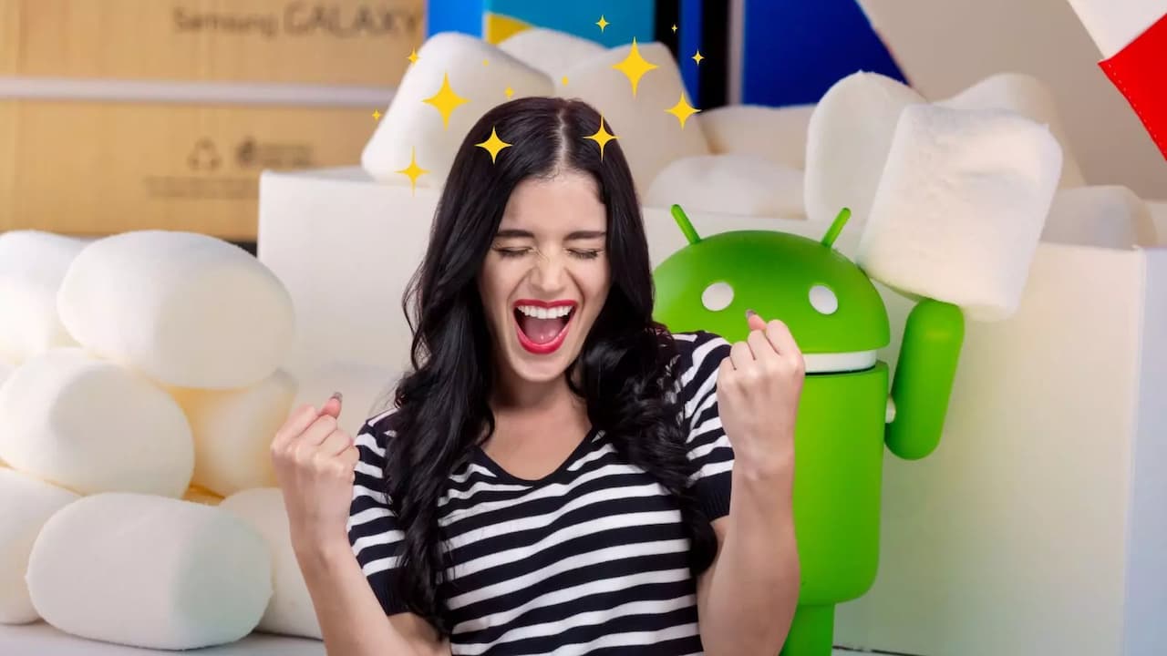 Chica celebrando feliz robot Android fondo Chica celebrando feliz robot Android fondo