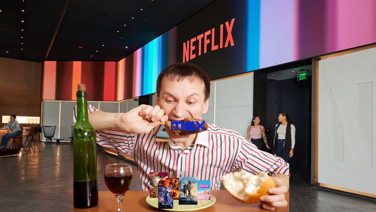 Hombre comiendo pollo Max logo Netflix oficinas Hombre comiendo pollo Max logo Netflix oficinas