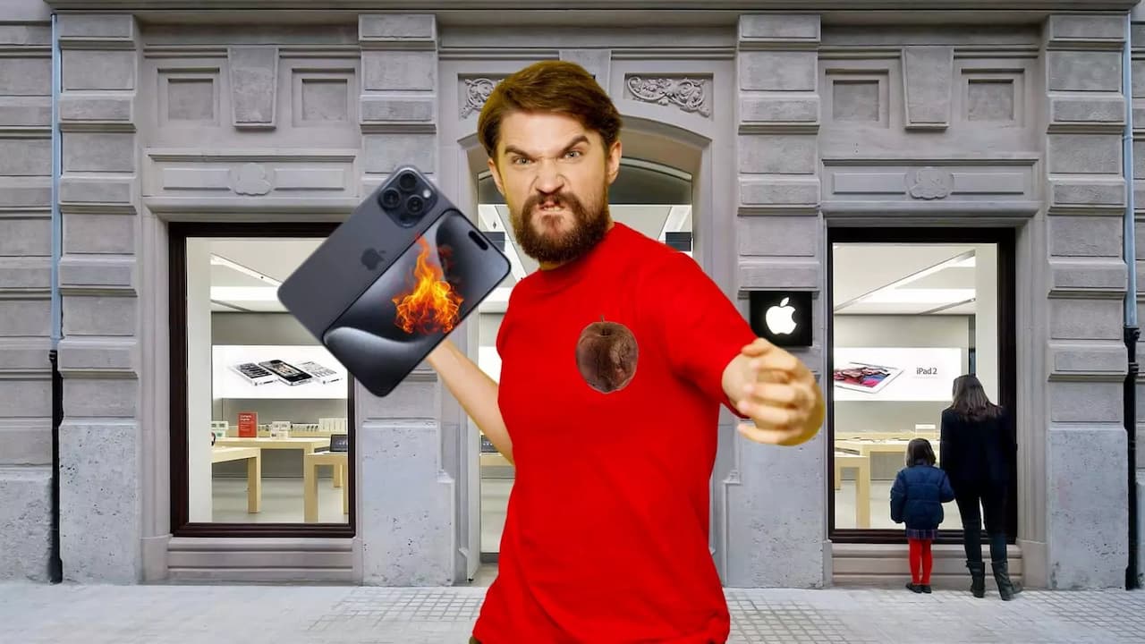 Hombre enfadado camiseta roja lanzando iPhone Hombre enfadado camiseta roja lanzando iPhone