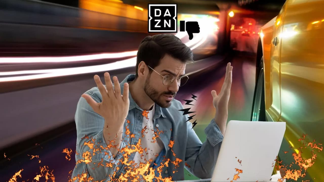 Hombre enfadado logo DAZN fuego ordenador portatil Hombre enfadado logo DAZN fuego ordenador portatil