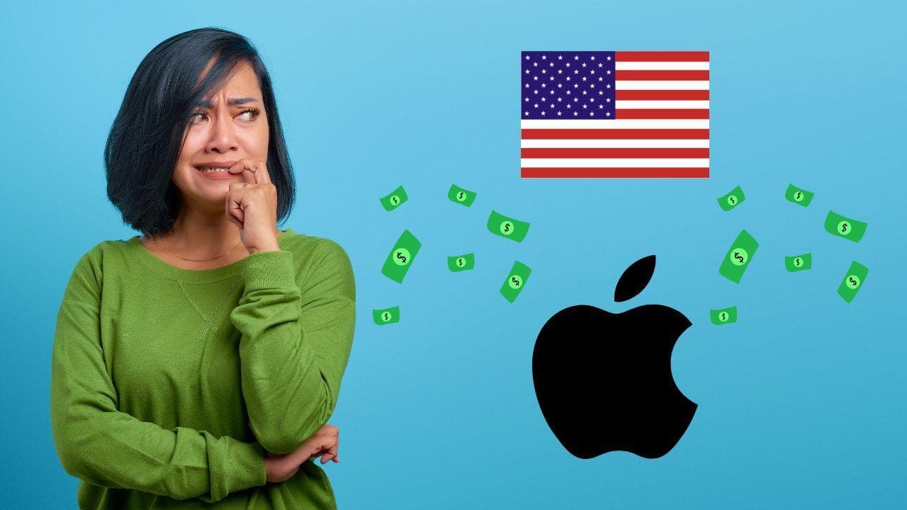 Mujer preocupada miedo Apple dinero Mujer preocupada miedo Apple dinero