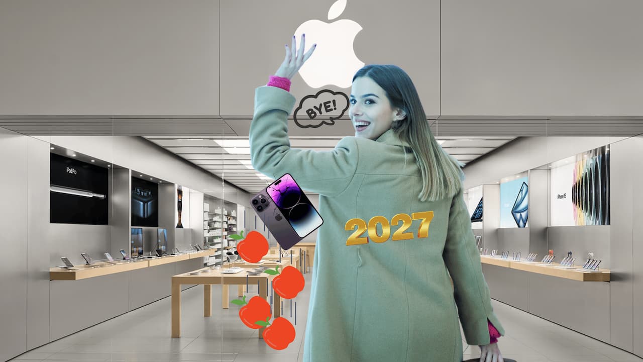 Chica despidiendose tirando iPhone delante tienda Apple Chica despidiendose tirando iPhone delante tienda Apple