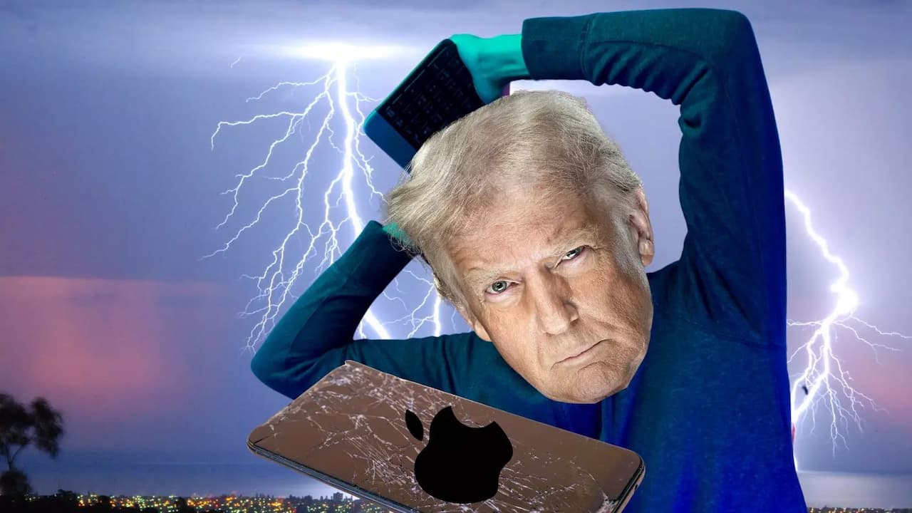 Dibujo parodico Trump rompiendo iPhone tormenta Dibujo parodico Trump rompiendo iPhone tormenta
