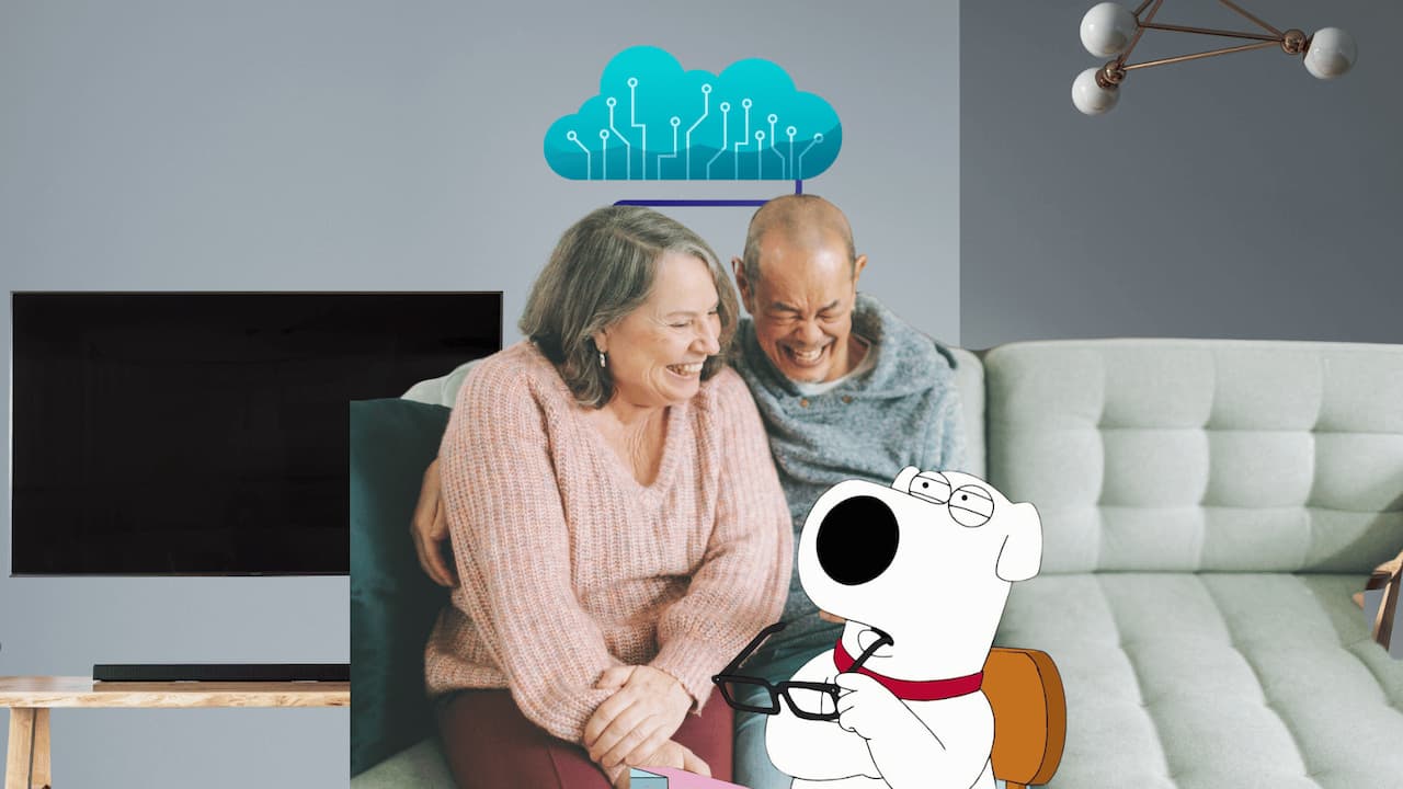Pareja riendose sofa Brian Padre familia IA traductor Pareja riendose sofa Brian Padre familia IA traductor